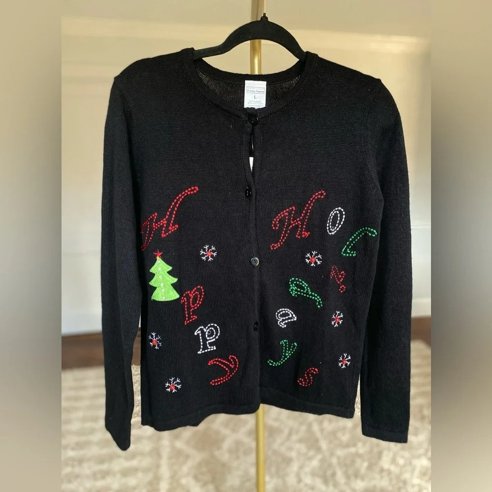 Vintage Christmas Cardigan Happy Holidays Embroidered Parisian Festive Party